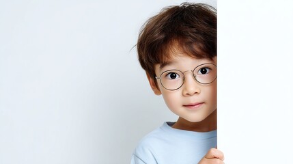 Wall Mural - a curious boy peeks from behind a white wall. his glasses and innocent expression evoke charm and pl