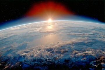 Wall Mural - sunrise over earth viewed from space highlighting atmospheric colors and the curvature of the planet
