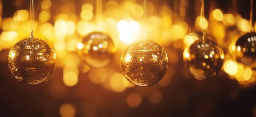 Poster - Shimmering golden disco balls reflecting light in a festive atmosphere