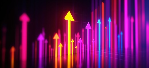 Poster - Colorful neon arrows representing growth and progress in a digital landscape