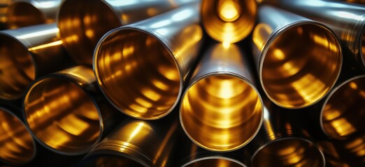Poster - Shiny metallic tubes stacked together showcasing reflective surfaces and warm lighting