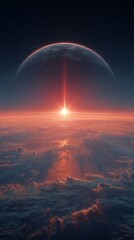 Wall Mural - celestial sunrise over planetary landscape with vibrant colors and clouds