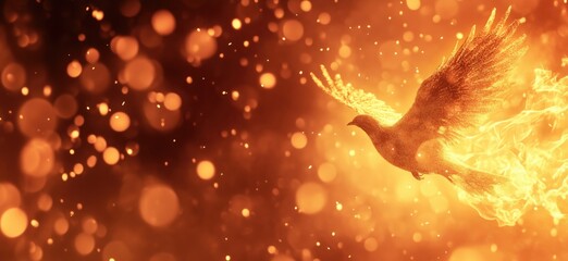 Poster - fiery bird soaring through glowing sparks and flames in a vibrant orange background