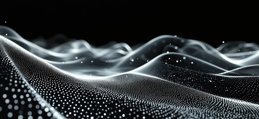Aufkleber - Abstract digital landscape with flowing waves and glowing particles in black background
