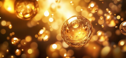 Poster - Golden bubbles floating in a dreamy background with sparkling light effects