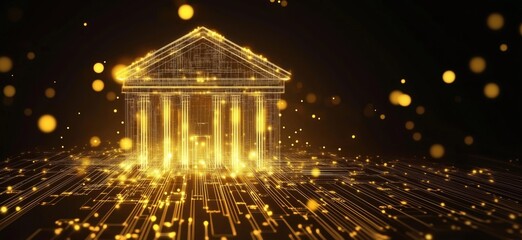Poster - Digital representation of a bank building with glowing golden particles and circuitry