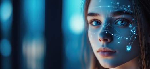 Poster - Futuristic portrait of a young woman with digital facial mapping and glowing connections