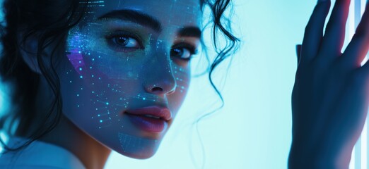 Poster - Futuristic portrait of a woman with digital facial projection and glowing patterns