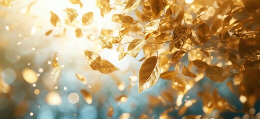 Poster - Golden leaves shimmering in sunlight with bokeh background and soft focus effects