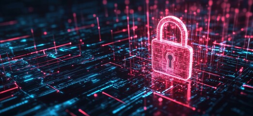 Fototapete - Digital lock symbolizing cybersecurity in a futuristic data environment