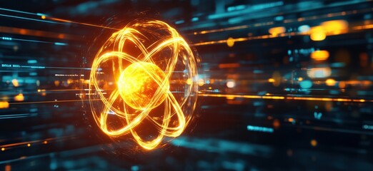Poster - Atomic model with glowing nucleus and energy trails representing scientific innovation