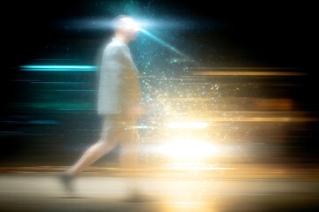 Poster - Futuristic blurred human figures with glowing visors and neon light beams in blue, teal, red, and gold tones. Perfect for technology, sci-fi, innovation, or creative advertising projects.