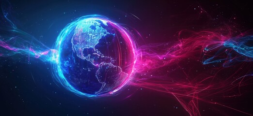 Poster - Digital representation of Earth with vibrant energy waves and cosmic background