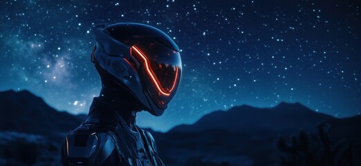Poster - Futuristic astronaut helmet with glowing accents against starry night sky