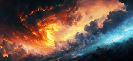 Poster - dramatic cosmic scene with swirling clouds and fiery colors in the sky