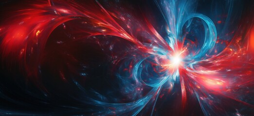 Poster - Vibrant abstract cosmic energy swirl in red and blue hues with luminous center