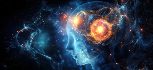 Poster - Abstract representation of human mind with glowing neural connections and energy orbs