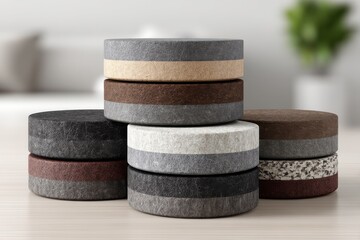 Poster - A stack of modern round pedestals with textured surfaces create a stylish and elegant display for product placement or artistic compositions in a minimalist setting.