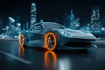 Poster - A futuristic car with a glowing wireframe design against a blurred cityscape, highlighting innovation in automotive engineering and advanced technology solutions.