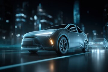 Poster - futuristic electric car concept with a wireframe design, showcasing modern technology and innovation