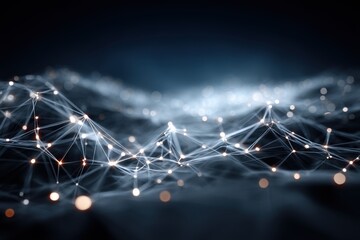 Poster - Abstract network connection structure, dark blue background with glowing nodes, representing complex data, technology and innovation concept, modern design with depth of field effect.