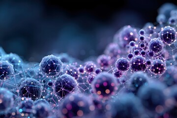 Fototapete - Complex interconnected network of glowing spheres and lines, symbolizing a digital web, futuristic technology, and the intricate connections in a globalized world.