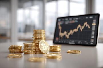 Poster - A close-up of Bitcoin coins with a stock chart displayed on a screen, representing the dynamic and volatile nature of cryptocurrency investments in the financial market.