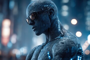 Poster - a futuristic cyborg with integrated circuits and glasses, set against a blurred city lights backgrou