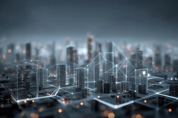 Poster - futuristic city skyline with digital network connections, illustrating smart city technology and dat