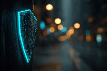 Poster - A glowing digital shield, representing cybersecurity and data protection technology, secured against online threats in the modern digital age with blurred city lights.