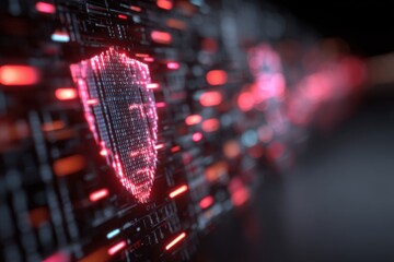 Poster - Digital Shield: A glowing emblem of security, symbolizing data protection and network defense, with binary code integrated into the design, reflecting cybersecurity concepts.
