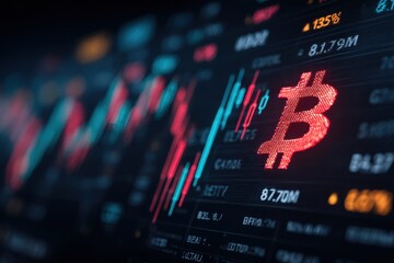 Poster - A digital screen displays a cryptocurrency chart with a red Bitcoin symbol, reflecting market trends, financial analysis, and investment opportunities, demonstrating data visualization.