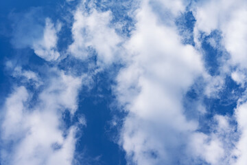 bottom view of the blue summer sky with white clouds, copy space, abstract background