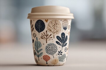 Poster - close-up of a disposable coffee cup with abstract leaf designs, featuring a light beige lid and a mu