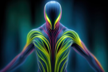 Poster - abstract humanoid figure with vibrant lines flowing through its body and limbs, creating a unique an