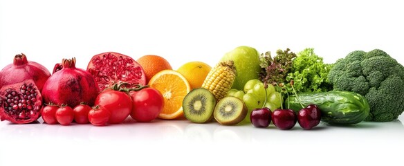  The vibrant assortment of fresh fruits and vegetables on a white background.