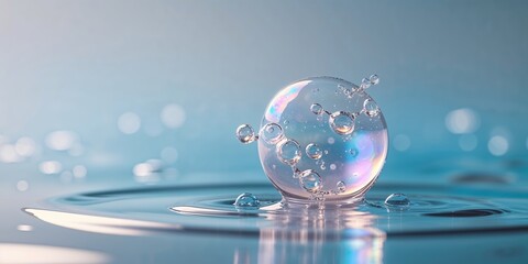 Poster - Water droplet creates ripples as it lands on a smooth surface in soft light