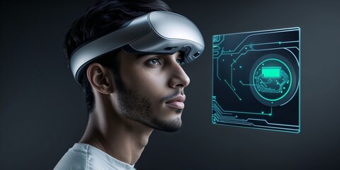 Poster - Young man uses advanced virtual reality headset while interacting with digital interface in modern tech space