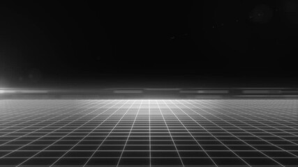 Poster - A black and white digital grid landscape with a minimalist futuristic design and a dark atmosphere background, evoking retro sci-fi aesthetics, video in high quality 4k, motion design