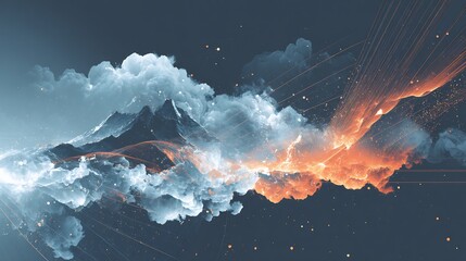 Poster - Abstract Mountains With Cloudscape and Fiery Sparks