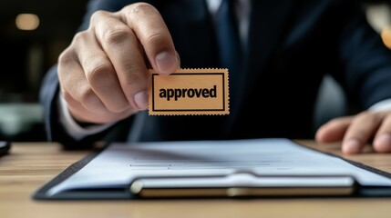 Poster - Manager approving document with stamp office professional setting indoor environment close-up view business process for efficiency