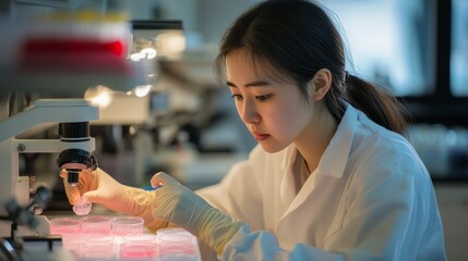 Poster - Conducting experiments in biotechnology lab researcher in safety gear scientific investigation laboratory environment close-up focus on research