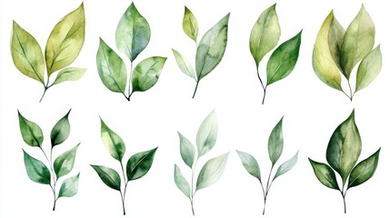 Poster - Capturing the elegance of watercolor green leaves in nature's canvas botanical art peaceful environment aesthetic viewpoint artistic concept