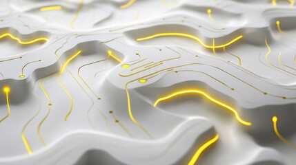 Fototapete - Exploring a sleek white backdrop with yellow circuit patterns in modern design abstract art technology contemporary setting close-up perspective