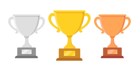 Wall Mural - Trophy cup vector icon set. Gold silver and bronze award in flat style for competition. Winner symbol illustration