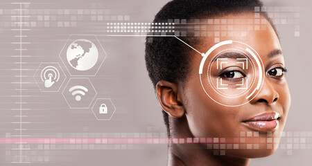 Poster - Personal surveillance concept. Iris scan of African American girl, creative collage with info on transparent screen. Copy space. Panorama