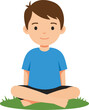 © OKAN - Boy sitting cross-legged on grass meditating or relaxing in blue shirt and black shorts vector illustration