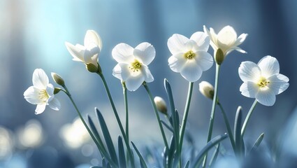 Poster - Delicate white flowers bloom in a serene garden during springtime, highlighting nature's beauty