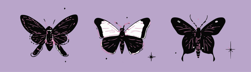 Aufkleber - Stylized black and pink butterfly illustrations with hand-drawn, graphic inky details on a purple background, done in a modern illustrative and trendy tattoo flash style.