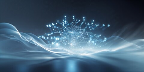 Fototapete - Abstract digital network with glowing connections and waves in dark background